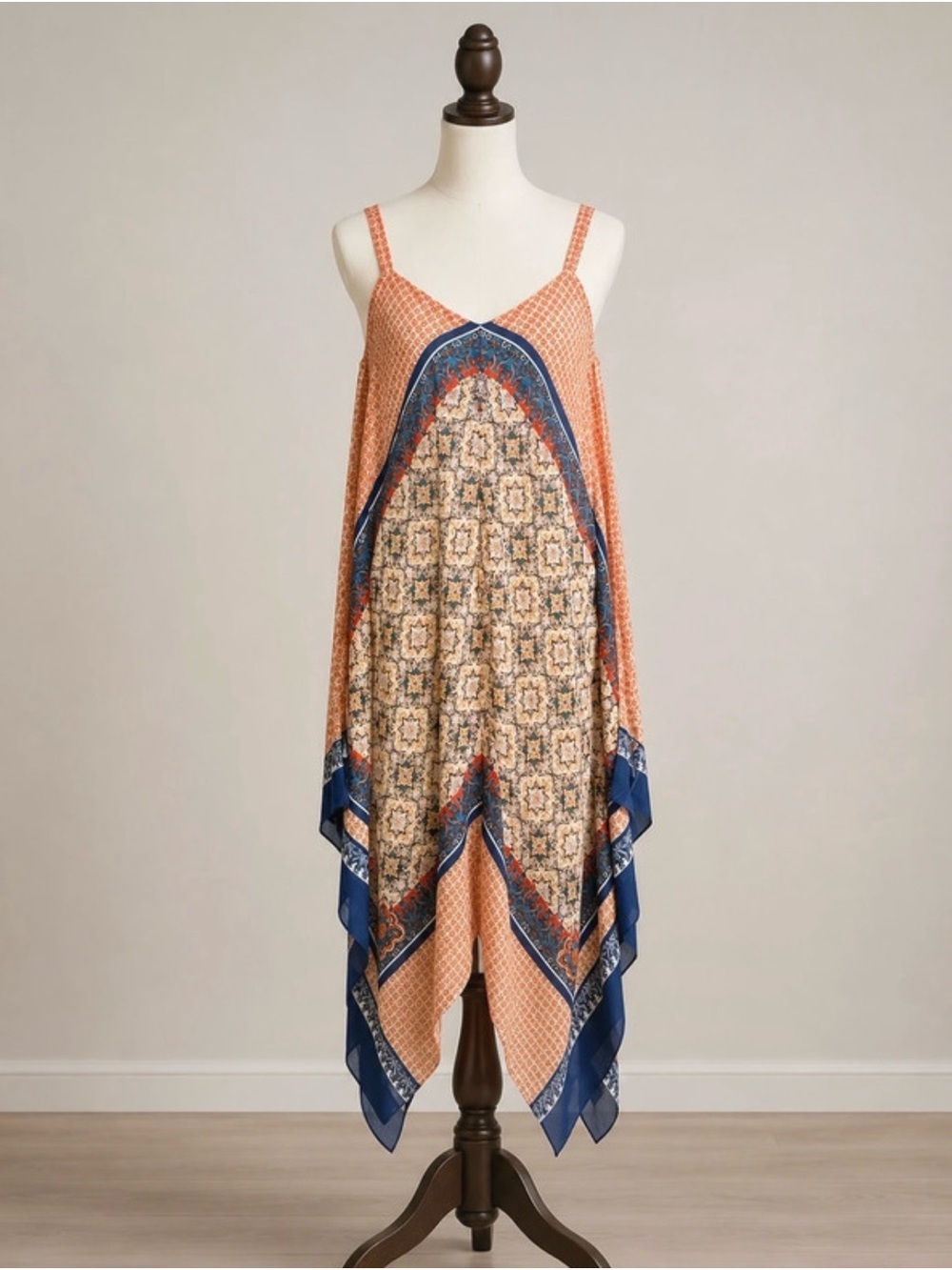 Luxology Peach and Navy Asymmetrical Handkerchief-Hem Dress